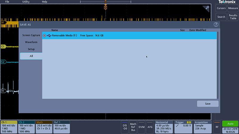 3 Series Mixed Domain Oscilloscope screen of the save menu 3 Series save menu option list