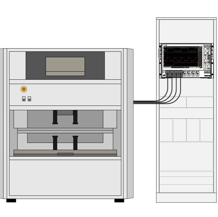 A Tektronix 5 Series MSO oscilloscope with four TAP1500L active oscilloscope probes with 7-meter cables, connected to a flying probe tester for testing printed circuit boards and components