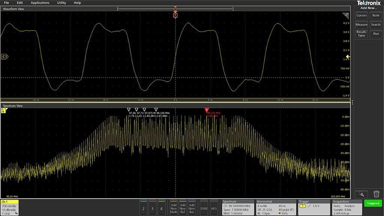 This image shows the time (top) and frequency (bottom) domain view of the same signal simultaneously. Unlike an FFT, the views are completely independent.