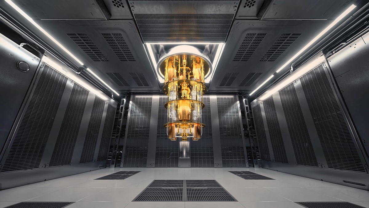 A quantum computer surrounded by cyrostats.