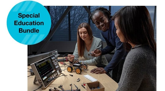 Engineering students learning robotics, using a Tektronix 2 Series MSO Oscilloscope in an education laboratory.