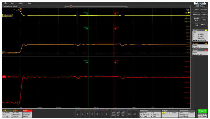 Time-domain reflectometry (TDR) graph showing impedance and reflection measurements with minor signal variations.