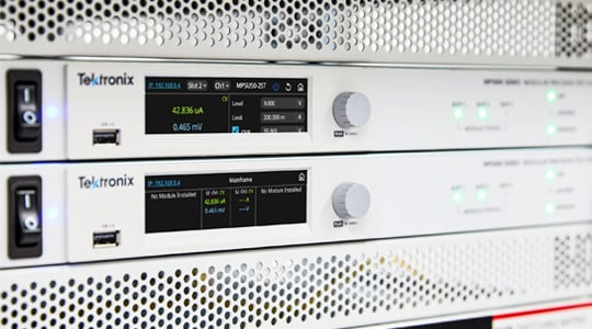 two MP5000 mainframes racked in a system close up of front panels