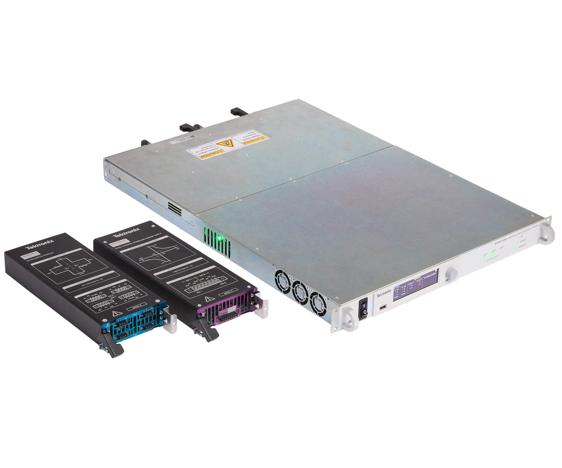 MP5000 mainframe with SMU and PSU modules on the left angled right