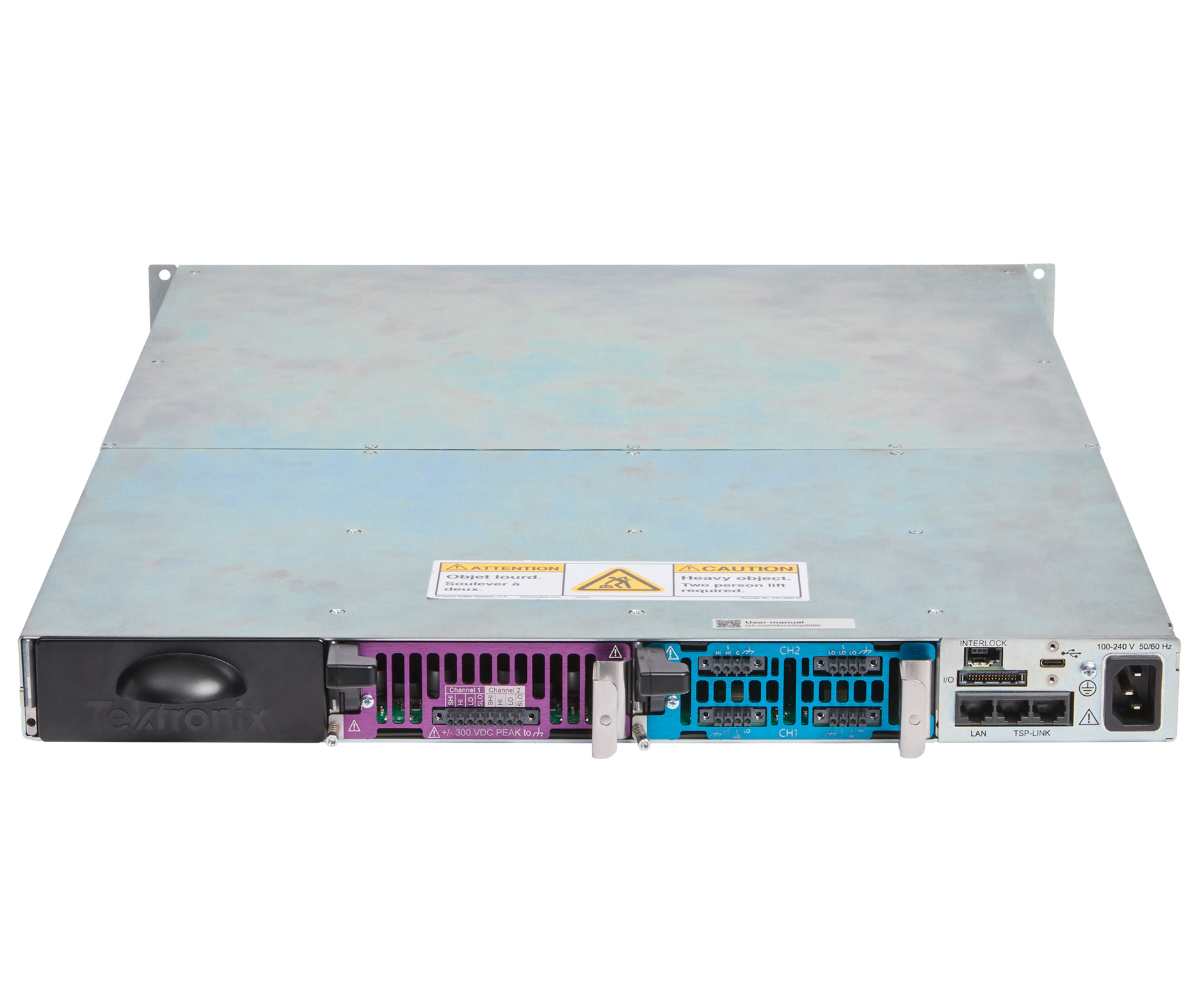 MP5000 mainframe rear with a black dust cover PSU module and SMU module inserted