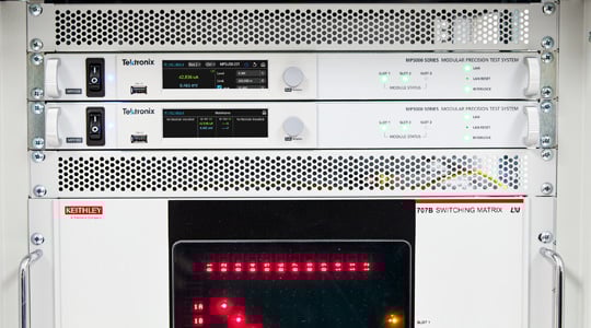two MP5000 mainframes racked in a system on top of a Keithley 707 switching matrix
