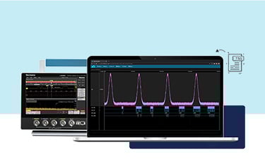 Image of the Tektronix TekDrive interface on a laptop with a Tektronix 2 Series MSO behind it indicating that the data from the oscilloscope can be viewed on a laptop.