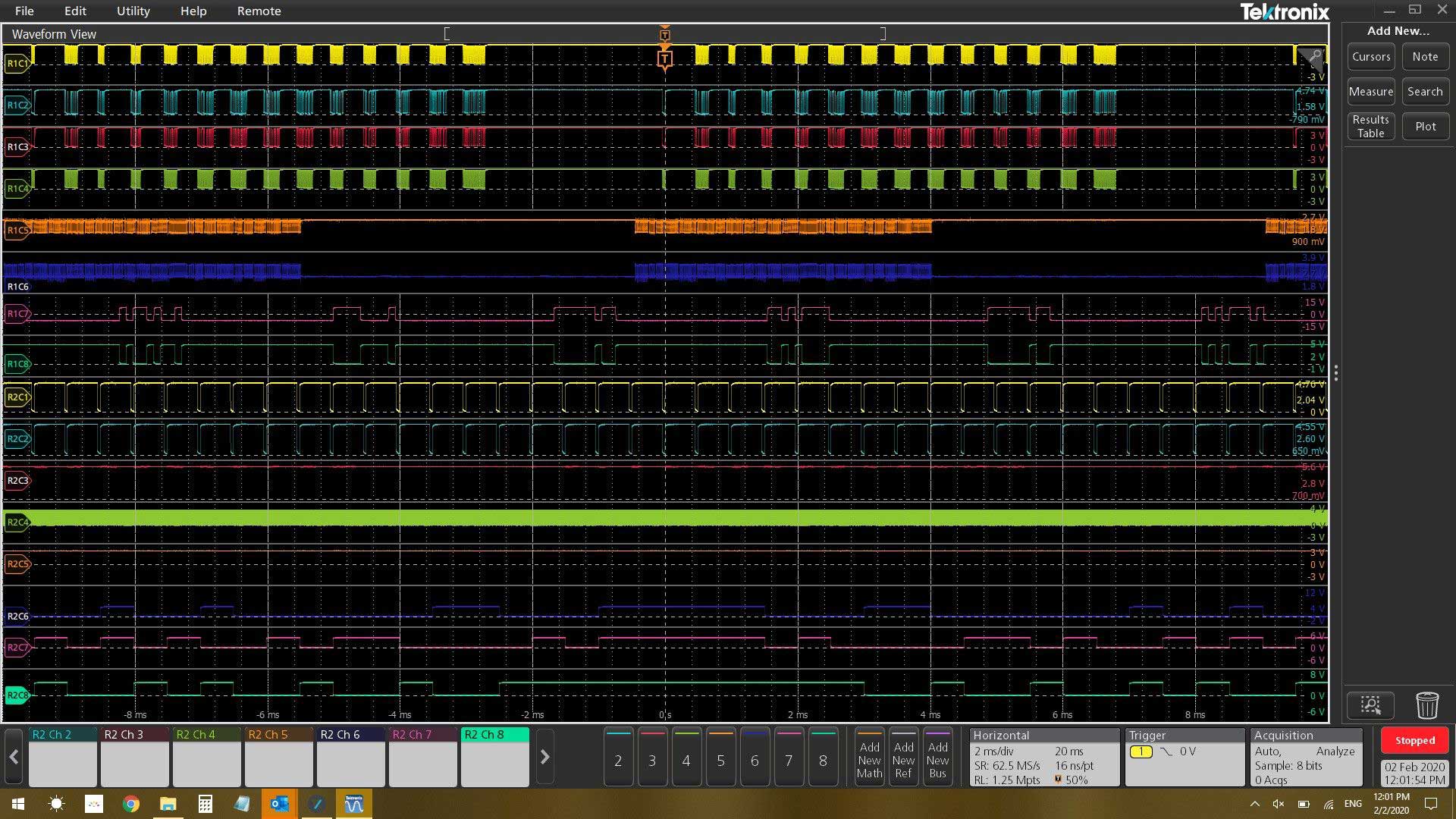 Detail of TekScope PC Software showing 16 waveforms combining signals from two oscilloscopes on one screen