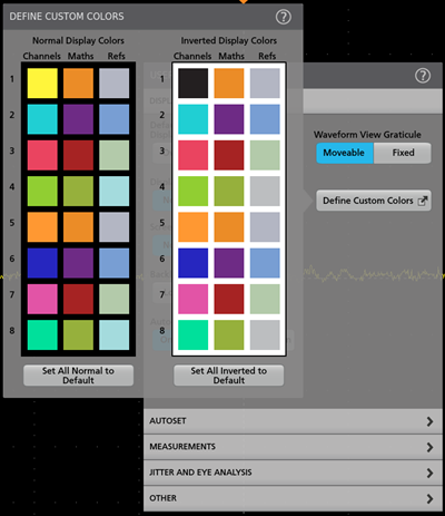 The Define Custom Colors menu of a Tektronix oscilloscope showing the default options