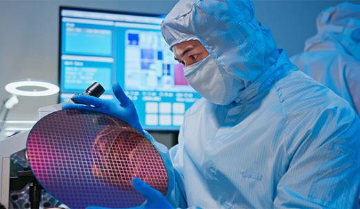 Scientist in cleanroom attire examining a semiconductor wafer under a microscope.