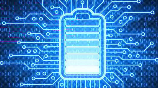 Illustration of a battery icon integrated into a circuit board design, with glowing blue circuitry and binary code background.