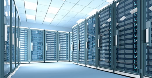 Close-up of server racks in a data center, showing multiple server units with indicator lights and ventilation panels.