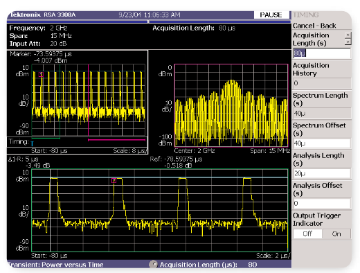 Seamless capture and long memory enable the RSA to make direct time domain measurements of pulse width and PRI.