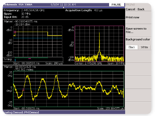 Using phase demodulation to characterize +/- 20 degrees of phase drift within a 1.3 ms burst at a center frequency of 2.445 GHz.