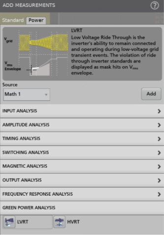 Dieser Screenshot von einem modernen Tektronix Oszilloskop zeigt die Grüne Leistungsanalyse, die im Paket „Erweiterte Leistungsmessung und -analyse“ (Opt. PWR)