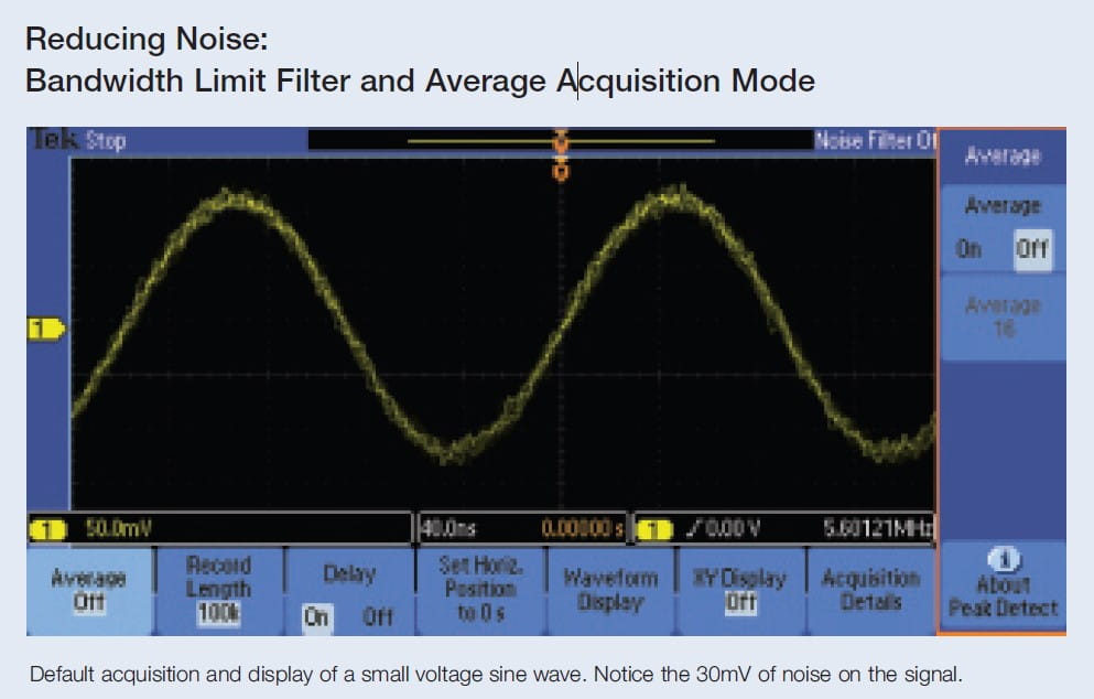 Reducing Noise : Default acquisition and display of a small voltage sine wave. Notice the 30mV of noise on the signal.