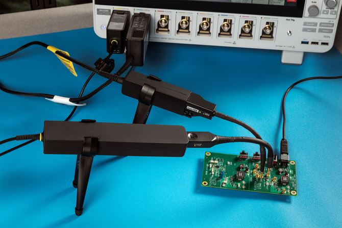 An IsoVu Isolated Current Probe and IsoVu Isolated Voltage Probe connected to a GaN power converter using high-bandwidth, shielded MMCX connectors.