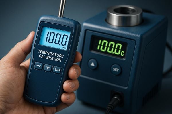 temperature calibration A person is holding a digital temperature calibration device displaying