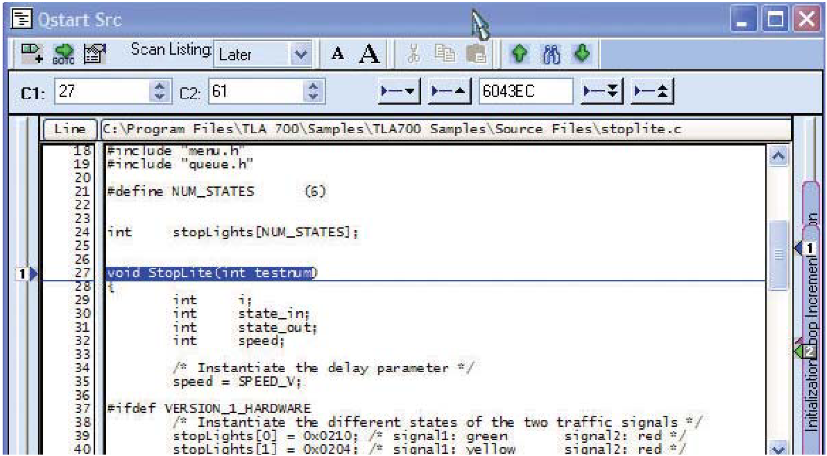 Source code display. Line 27 in this display is correlated with sample 120 in the instruction trace display of Figure 19