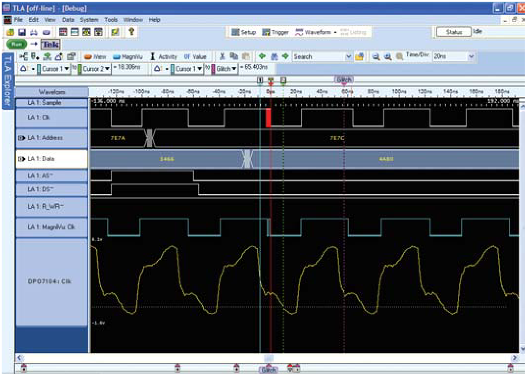 MagniVuTM acquisition shows glitch on clock signal.