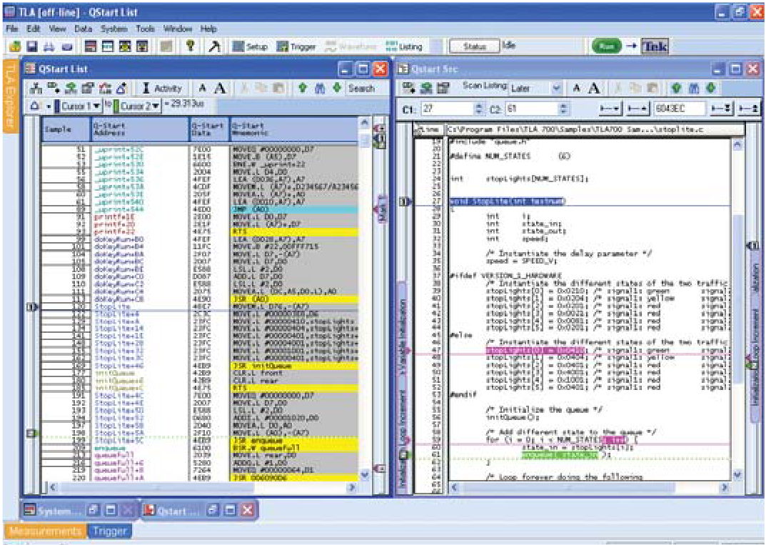 Logic analyzer display showing timing waveforms and real-time software trace correlated to source code